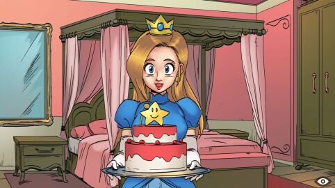 birthday_cake blonde_hair blue_dress blue_eyes brown_hair cake candle cg crown dress elbow_gloves female food fruit gloves hentai_heroes indoors jewelry kinkoid long_hair looking_at_viewer mini_crown official_art parody princess princess_noemy_(hentai_heroes) short_sleeves smile solo strawberry table white_gloves