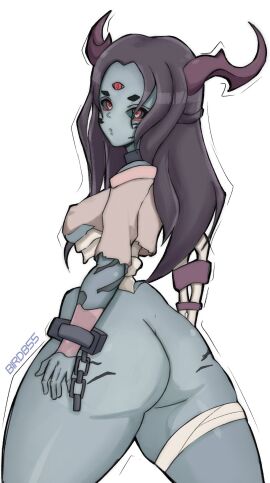 alternate_version ass big_ass birdb55 bottomless bottomless_female choker clothed clothed_female clothing dark_eyes female female_only forehead_eye fortnite horns looking_back looking_back_at_viewer marking markings nipple_bulge shiny shiny_skin skeleton solo solo_female undead undead_female undying_sorrow_(fortnite)