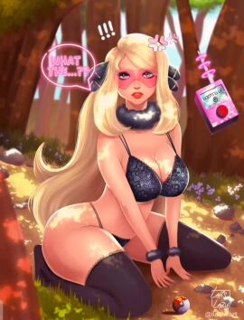 bimbo bimbofication black_bra bra brain_drain breast_expansion cynthia_(pokemon) exposed_breasts exposed_nipples hypnosis hypnotic_visor lactation lapislazuliart large_breasts milk mind_control pokemon spread_legs tagme tech_control video