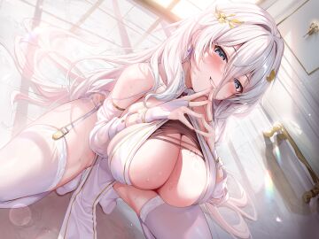 4:3_aspect_ratio bangs bare_shoulders blue_eyes blush breasts bridal_gauntlets china_dress chinese_clothes cleavage clothes_pull clothing detached_sleeves dress dutch_angle earrings female female_only garter_straps gloves grin hair_between_eyes hair_ornament high_resolution huge_breasts indoors jewelry kokuto_(kurousagi1210) large_breasts legwear lingerie long_hair looking_at_viewer nipples no_bra original pelvic_curtain see-through smile solo squatting stockings sweat thighhighs thighs tied_hair underwear very_long_hair viewed_from_above white_dress white_hair white_legwear white_thighhighs