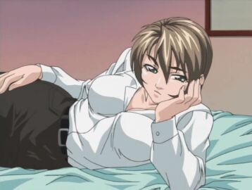 00s 2002 animated annoyed bed bed_sheet belt bible_black bible_black_gaiden breasts collar female green_eyes hand_on_own_face hand_on_own_hip lowres miniskirt shido_saki shirt short_hair skirt tagme white_shirt