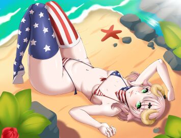 1girls american_flag american_flag_bikini beach bikini breasts commission curvy female front-tie_bikini full_body green_eyes haarmades hi_res horned_humanoid horns hourglass_figure legs_up looking_at_viewer lying medium_hair micro_bikini neckerchief nipple_bulge on_back original original_character outdoors pink_hair side-tie_bikini small_breasts solo swimsuit thigh_boots thighhighs water wide_hips