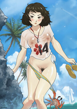 1girls alternate_version_available assisted_exposure atlus beach bikini bikini_bottom_pull black-haired_female black_hair blue_sky blush blushing boat breasts claws cloud covered_nipples crab crop_top curly-haired_female curly_hair female female_focus female_only female_pubic_hair flip-flops highres holding_sandals knees_together_feet_apart light-skinned_female light_skin megami_tensei nipples nipples_visible_through_clothing ocean palm_tree pantsing persona persona_5 pubic_hair pussy rock roxyrex sadayo_kawakami sadayo_kawakami_(swimsuit) sandals see-through see-through_shirt sega shirt short-haired_female short_hair sky solo solo_female solo_focus striped_bikini striped_clothes swimsuit swimwear thigh_gap tied_shirt tree wardrobe_malfunction watercraft wet wet_clothes wet_shirt whistle whistle_around_neck