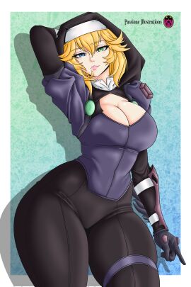 1girls ass big_ass big_breasts blonde_hair blue_eyes breasts cleavage clothed curvy curvy_figure el_diario_de_jonathan female gem green_eyes heterochromia jayden_murtons leather leather_clothing leather_gloves leg_band leg_strap legs lips nun's_habit pasioneillustrations pose short_hair solo solo_female sweat thick thick_ass thick_legs thick_thighs thighs