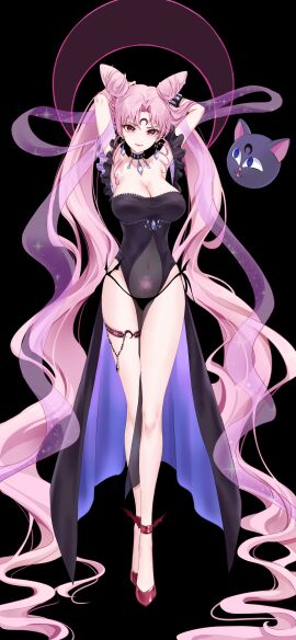 1girls absurdly_long_hair absurdres anklet armpits arms_behind_head arms_up bare_arms bare_legs bare_shoulders bat_wings bishoujo_senshi_sailor_moon black_background black_lady black_panties bracelet breasts bridal_garter chibi_usa cleavage clothing collarbone crescent crescent_facial_mark crossed_legs curtained_hair double_bun dress earrings facial_mark female female_only frilled_thigh_strap full_body glowing_tattoo hair_bun highres jewelry jie_tou_deng_shan_ke large_breasts legs long_hair looking_at_viewer luna-p no_nose panties parted_bangs pendant_choker pink_eyes pink_hair pubic_tattoo red_footwear see-through see-through_clothes see-through_dress shoulders side-tie_panties simple_background tattoo thigh_strap twintails underwear very_long_hair wings