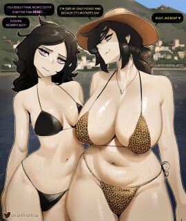 2girls :3 accurate_art_style animal_print areola_slip ashley_graves beach big_breasts bikini black_bikini black_hair breast_envy breast_size_difference breasts breasts_apart brown_headwear building cathriellrue cleavage collarbone daughter day dialogue english_text female female_only green_eyes halterneck hat highleg_bikini hill hourglass_figure huge_breasts jitome large_breasts leopard_print leopard_print_bikini long_hair looking_at_another looking_at_viewer looking_to_the_side mature_female midriff milf mischievous_smile mother mother_(the_coffin_of_andy_and_leyley) mother_and_daughter mother_daughter_boob_envy_(meme) naughty_face navel necklace older_female outdoors pearl_necklace photo-referenced ponytail profanity purple_eyes renee_graves sagging_breasts shiny_skin shore sideboob size_difference skindentation sky slightly_chubby small_breasts speech_bubble spoken_heart standing stomach string_bikini sweat sweatdrop sweating text the_coffin_of_andrew_and_renee the_coffin_of_andy_and_leyley thick thick_thighs thighs thighs_together twitter_logo twitter_username water watermark wavy_mouth wet wide_hips yellow_eyes younger_female