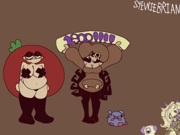 beret celebration eyebags hand_on_hip holding_sign looking_at_viewer mushroom_toppin pizza_tower stewiebrian stewiebrian_(artist) stockings stretch_marks stripper_clothes stupid_rat tomato_toppin toppin_gals toppin_gals_minus8 x_nipples