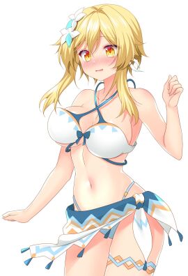1girls 2d 2d_(artwork) alternate_breast_size alternate_costume belly_button big_breasts bikini_bottom bikini_top blonde_hair blush bra breasts female female_focus female_only flowers flowers_in_hair front_view genshin_impact high_resolution highres light-skinned_female light_skin lumine_(genshin_impact) lumine_(hot_springs)_(genshin_impact) minatsuki_alumi navel official_alternate_costume short_hair simple_background slim_female solo solo_female solo_focus standing swimsuit thong thong_bikini two_piece_swimsuit white_background yellow_eyes young younger_female