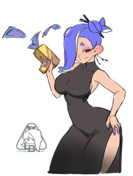 alternate_breast_size alternate_costume big_breasts black_dress blue_hair breasts child_bearing_hips clothes clothing dress dress_slit ear_piercing earrings eyeshadow female frostyfest_outfit half-closed_eyes hand_on_hip light-skinned_female light_skin little_blood money_gun nintendo octoling purple_fingers red_eyes shiver_(frostyfest_2025) shiver_(splatoon) shiver_hohojiro side_slit splatfest splatoon splatoon_(series) splatoon_3 tied_hair voluptuous voluptuous_female wide_hips