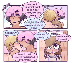 between_pectorals bisexual black_eyes black_hair black_highlights blonde_hair blue_eyes blush brown_eyes brown_hair ear_piercing female flustered gay kissing making_out male nipple_piercing nosebleed pink_hair pout threesome two_tone_hair welcome_to_heaven yaoi yaoi_with_female_audience