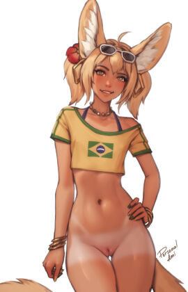 ahoge animal_ear_fluff animal_ears arm_at_side artist_name bead_necklace beads bikini bikini_under_clothes black_bikini blonde_hair bracelet brazil brazilian brazilian_female brazilian_flag_print brazilian_miku brazilian_miku_(cosplay) brown_eyes cleft_of_venus collarbone contrapposto cosplay cowboy_shot eyewear_on_head female flat_chest flower fox_ears fox_girl fox_tail green_nails hair_between_eyes hair_flower hair_ornament hand_on_own_hip hatsune_miku highres jewelry khiara_(personalami) looking_at_viewer medium_hair multicolored_nails nail_polish navel necklace off_shoulder original parted_lips personalami pussy rectangular_earrings shirt short_hair short_sleeves shorts_tan simple_background slit_pupils smile solo sunglasses swimsuit tail tan tanlines thigh_gap twintails uncensored vocaloid white-framed_eyewear white_background yellow_nails yellow_shirt