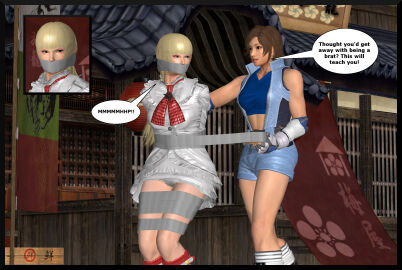 2girls 3d blonde_hair bondage bound bound_arms bound_legs brown_hair clothed_bondage emilie_de_rochefort english_text female fully_clothed fully_clothed_female gag gagged kazama_asuka lord_kamski multiple_females multiple_girls old_graphics speech_bubble tape_gag tekken