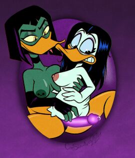 2girls 4_fingers anatid anseriform anthro anthro_on_anthro areola armwear ass ass_grab avian beak big_breasts bird black_hair breasts butt_grab choker clothing consin-arts disney duck ducktales ducktales_(2017) duo elbow_gloves eyeshadow feathers female female/female female_focus female_only fingers gloves green_body green_feathers hair hand_on_ass hand_on_butt handwear hi_res highlights_(coloring) jewelry looking_at_another looking_at_partner looking_down magica_de_spell makeup necklace nipple_piercing nipples non-mammal_breasts nude piercing purple_eyeshadow purple_highlights selfcest sex_toy signature simple_background smile square_crossover strap-on strapon tail teeth tongue tongue_out white_body white_feathers yuri