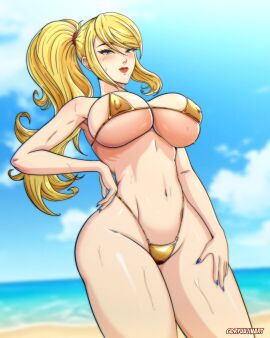 ass big_ass big_breasts big_butt big_nipples big_thighs big_titties bikini breasts clothing curvaceous curvaceous_female curvaceous_figure curvy curvy_figure curvy_hips female female_focus female_only golden_bikini long_hair looking_at_viewer metroid milf nintendo nipples nipples_visible_through_clothing ryuujinart samus_aran yellow_hair