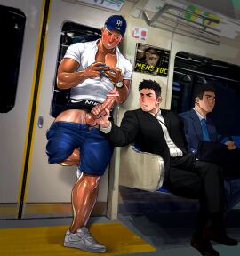 3boys :q animated artisticjinsky bar_censor bara baseball_cap black_hair black_jacket black_pants blue_shorts blush brand_name_imitation bulge censored clothes_pull collared_shirt crossed_arms crossed_legs erection erection_under_clothes facial_hair full_body gay gooning handjob hat highres holding holding_phone jacket large_pectorals leg_hair looking_at_another male male_focus meat_toilet multiple_boys multiple_males muscular muscular_male nike open_clothes open_jacket original pants partially_unbuttoned pectorals penis pent_up phone precum precum_through_clothes public_indecency salaryman shirt short_hair shorts shorts_pull sitting sparse_leg_hair sparse_stubble streetwear stubble suit thick_thighs thighs tongue tongue_out train_interior variant_set watch white_shirt wristwatch yaoi