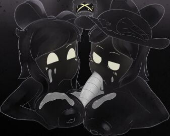 1boy 2girls ? big_breasts black_body blowjob breasts cum cum_in_mouth cum_on_breasts cum_on_face cyn_(murder_drones) dark_background dick disassembly_drone female glitch_productions hat human louisa_elliot_(murder_drones) male male/female murder_drones n_(murder_drones) nipples penis robot robot_boy serial_designation_n spit tagme tessa_elliot