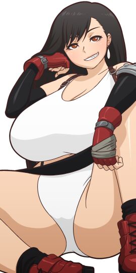 1girls 2d black_hair bra cleavage color colored earrings female final_fantasy final_fantasy_vii fingerless_gloves gloves light-skinned_female light_skin lingerie long_hair looking_at_viewer manyakis navel orange_eyes pale-skinned_female pale_skin panties red_gloves seductive smile tagme tifa_lockhart transparent_background underwear upskirt white_bra white_panties