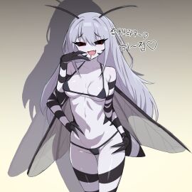 absurdres antennae arm_behind_back arthropod_girl bikini black_bikini black_claws black_sclera black_skin breasts cleavage colored_sclera colored_skin commentary_request crotch extra_arms female gradient_background grey_hair hand_on_own_face hand_on_own_hip heart highres insect_wings korean_commentary korean_text looking_at_viewer medium_breasts mesugaki micro_bikini monster_girl mosquito_girl multicolored_skin oerba_yun_fang original pale_skin prim_(fsze8572) red_eyes shadow skin_fang solo string_bikini swimsuit tongue tongue_out two-tone_skin underboob wings yellow_background