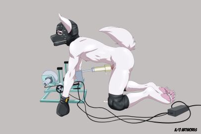 1boy 2019 absurd_res all_fours animal_mask anthro bondage brown_eyes clothing digital_media_(artwork) fucking_machine fuyu_graycen-ratanaporn handwear hi_res himenosensei hybrid knee_pads knot leather leather_mittens machine male male_only mask mittens pawpads paws penile penis penis_milking petplay pup_mask puppyplay roleplay sex_machine solo white_body