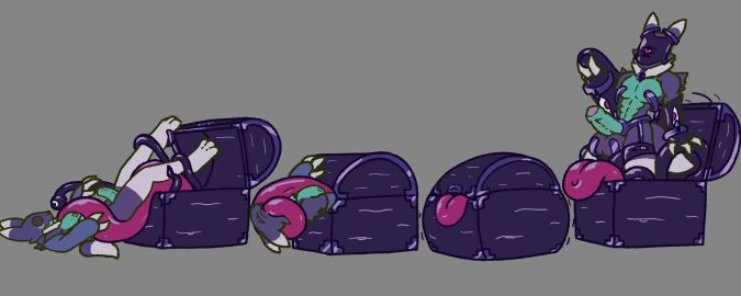 absurd_res animate_inanimate anthro balls bandai_namco blush bound canid canine corruption digimon digimon_(species) fox genitals goo_creature hi_res kuromaru latex living_clothing male mimic mimic_chest mind_control nude penis renamon tagme tongue trapknight