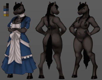 absurd_res anthro aries_(ayx) black_body black_fur black_hair blue_clothing braided_hair braided_pigtails braided_ponytail clothed clothing dress equid equine female fur hair hand_on_hip hi_res hooves horse mammal model_sheet original original_character ponytail solo woolrool