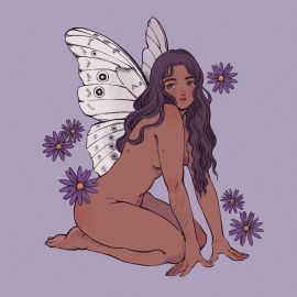 1girls aster body_hair butterfly_wings dark_hair fae faerie fairy fairy_wings female female_only fey flower flowers insect_wings karlovycross kneeling long_hair looking_at_viewer pixie purple_background sitting sitting_on_knees wavy_hair wings