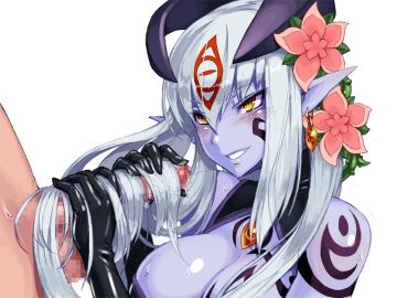 1boy alipheese_fateburn_xvi balls black_gloves black_shirt blush bmp-to-png_conversion breast_tattoo breasts censored cleavage cleavage_cutout clothed_female_nude_male clothing_cutout colored_skin earrings elbow_gloves erection eye_tattoo facial_tattoo female flower full_body game_cg gloves grin hair_between_eyes hair_flower hair_ornament hair_tattoo hairjob halter_shirt halterneck handjob horns jewelry kenkou_cross large_breasts long_hair looking_at_another luka_(mon-musu_quest!) male mon-musu_quest! monster_girl mosaic_censoring non-web_source nude penis plant pointy_ears purple_skin shirt shoulder_tattoo simple_background single_earring slit_pupils smile solo_focus straight sweat tattoo testicles transparent_background two-handed_handjob upper_body very_long_hair vines white_hair yellow_eyes
