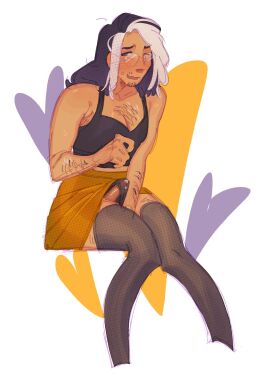 1girls arm_hair armpit_hair black_hair blush body_hair chest_hair cleavage embarrassed erection facial_hair female glasses hand_between_legs izviiini knees_together kotya_(izviiini) male nonbinary nonbinary_pride_colors original original_character panties penis penis_under_skirt precum round_glasses sitting skirt stockings sweat transfem white_highlights