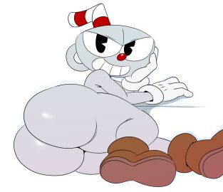 animate_inanimate arm_support ass big_ass big_butt bubble_ass bubble_butt cuphead cuphead_(game) edit femboy grin laying_down looking_at_viewer looking_back male male_only naked simple_background solo solo_male sssonic2 studio_mdhr thick_thighs white_background
