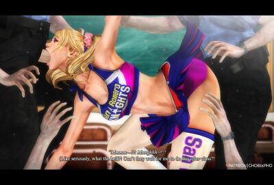 1girls 3d bent_over blonde_hair blowjob cheerleader cheerleader_uniform chobixpho english_text female gangbang juliet_starling lollipop_chainsaw male miniskirt multiple_boys multiple_males navel oral panties partial_male patreon_username pink_panties side_view skirt sports_bra zombie