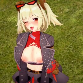 3d :3 blush breasts breasts_out breasts_pressed_together burnice_white female koikatsu ribida shirt_down tongue tongue_out zenless_zone_zero