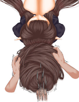 absurdres bare_legs bebekp brown_hair closed_eyes disembodied_hand disembodied_penis fate/apocrypha fate_(series) female from_above grabbing_another's_hair hair_bun hair_flowing_over hair_focus hairjob highres holding_another's_hair jacket long_hair male penis pointy_ears semiramis_(fate) simple_background single_hair_bun sitting suit_jacket very_long_hair white_background