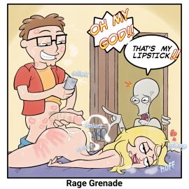 american_dad ass blonde_hair brown_hair dialogue ejaculation exhausted exhausted_female female francine_smith handprint handprint_markings handprint_on_ass incest kiss_mark lipstick_mark lipstick_on_penis male momcest mother_and_son penis rage_grenade roger_smith speech_bubble steve_smith sweat visible_breath