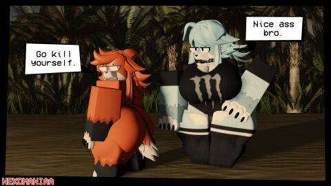 1boy 1girls 3d annoyed artist_name ass ass_focus beach big_ass blue_fur breasts canine clothed_female english_text female flirting floppy_ears fox furry furry_only male male/female nekomaniaa outdoors roblox roblox_avatar robloxian self_upload speech_bubble text thick_thighs thighs thong