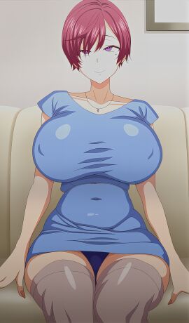 1girls 2020s 2024 20s 2d belly_button big_breasts breasts clothed clothed_female clothing collarbone curvaceous curves curvy curvy_body curvy_female curvy_figure curvy_hips female female_only hips huge_breasts indoors large_breasts legs legwear light-skinned_female light_skin looking_at_viewer milf mommy navel no_waifu_no_laifu no_waifu_no_life pale-skinned_female pale_skin purple_eyes queen_bee_(animation_studio) red_hair screencap screenshot shizuku_(no_waifu_no_laifu) short_hair sitting smile solo solo_female stitched thick_thighs thighhighs thighs tight_clothing tight_fit white_skin