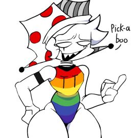 hips jester_hat leotard one_color_background open_mouth rainbow_clothing smile the_m0nkey_lover thick_thighs thighhighs twitter_username voluptuous white_background wide_hips