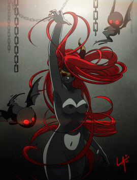 1girls black_body bleeding blindfold demon demon_girl demon_horns female flowing_hair incubus_(the_binding_of_isaac) laxianne lilith_(the_binding_of_isaac) long_hair nail_polish posing red_hair red_nails sitting solo solo_female solo_focus the_binding_of_isaac toned toned_female