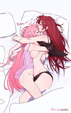 2girls bare_legs black_panties breasts breasts_out camisole character_name couple cuddling dyadyadya eden_(honkai_impact) elf elysia_(honkai_impact) female hand_on_another's_back heart honkai_(series) honkai_impact_3rd hug huge_breasts long_hair lying multiple_females multiple_girls on_bed on_side panties pillow pink_hair pointy_ears red_hair see-through_camisole see-through_clothes sleeping sleepy thighs twitter_username underwear white_panties wholesome yuri