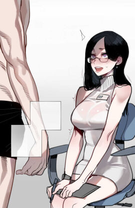 1boy awe beauty_mark bedroom_eyes big_breasts black_hair blush boxers breasts chair earrings excited female heart-shaped_pupils imminent_sex long_hair looking_up male mr.skull muscles muscular nymphomania original original_character partial_male pencil_skirt purple_eyes ratatatat74 see-through shocked shocked_expression short_skirt sitting skirt sweat white_background whore_eyes