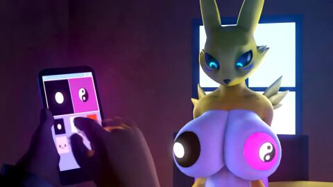 1girls 3d animated aqua_eyes big_breasts black_sclera blue_eyes blushing breast_grab breast_squeeze breasts digimon digimon_(species) duplicate erect_nipples female furry grabbing_breasts lethal_league long_ears low_battery mp4 nipples offscreen_character pasties phone playing_with_breasts pushing_breasts_together renamon sfm shy smartphone sound tagme uwotinfokm8 video white_fur yellow_fur yin_yang