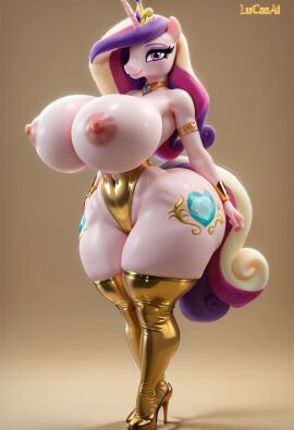 3d_(artwork) abstract_background ai_generated anthro anthro_female anthro_focus anthro_only ass big_breasts breasts curvaceous curvy curvy_female curvy_figure female friendship_is_magic gold_clothing heels hi_res hourglass_figure leotard looking_at_viewer lucasai massive_breasts my_little_pony nipples princess_cadance_(mlp) solo solo_female solo_focus standing thick_thighs thighhighs topless wide_hips
