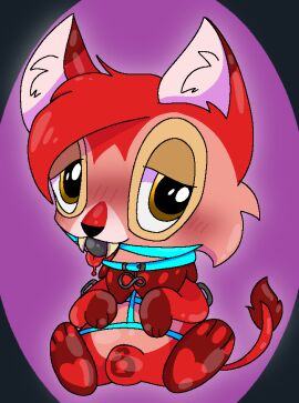 anthro ball_gag blushing_profusely bodily_fluids bulge drone dronesuit drooling fangs gag handles_on_arms harness heart_symbol male neopet_(species) neopets rubbermon sabertooth_(anatomy) saliva solo teeth v3sterp0nk varwolf_(neopets)