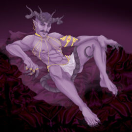 1boy abs artsybizaar bara beauty_mark biceps claws collar demon desire_demon dorian_pavus dragon_age dragon_age_inquisition ear_piercing earrings facial_hair fantasy feet gay_male half-dressed half_naked horn horns jewelry looking_at_viewer male mole moustache muscles muscular muscular_male necklace nipple_piercing nipples pecs piercing pointy_ears purple_body purple_skin ring rings rule_63 shirtless shirtless_male snake_ornament solo solo_male tail teasing video_games yaoi