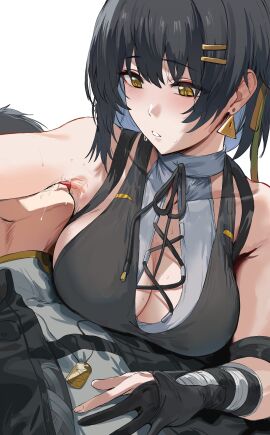 1boy 1girls armpit_licking armpits bare_shoulders black_dress black_gloves black_hair black_jacket blush blushing breasts chinese_clothes cleavage dog_tags dress earrings female female_rover_(wuthering_waves) fingerless_gloves grey_shirt hair_ornament hews_hack hi_res large_breasts licking long_hair lying lying_on_back male male_rover_(wuthering_waves) rover_(wuthering_waves) saliva selfcest sideboob simple_background straight surprised_expression sweat tongue tongue_out turtleneck white_background wuthering_waves