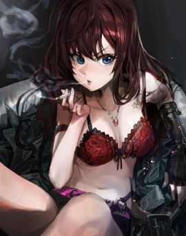 1girls blue_eyes bra breasts calvin_klein cigarette cleavage collarbone female female_only ichinose_shiki idolmaster idolmaster_cinderella_girls jeonghee1414 light-skinned_female light_skin lingerie long_hair medium_breasts money necklace reclining sitting smoking solo tattoo tattoos underwear underwear_only white_skin wide_hips young