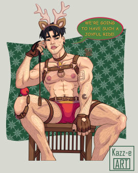 1boy abs asian asian_male ass black_hair dark_eyes ear_piercing kazz-e_art kyle_(kazz-e_art) male male_only painted_nails pecs pin_up reindeer_antlers stubble tattoo teasing text_bubble xmas