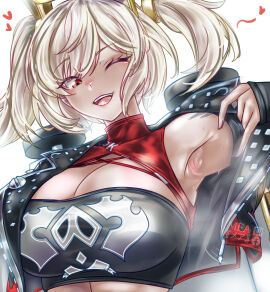 ;d absurdres armpits bare_shoulders black_jacket breasts burnice_white female grey_hair highres huge_breasts jacket large_breasts looking_at_viewer mea_(manami030) midriff one_eye_closed open_clothes open_jacket open_mouth red_eyes short_hair smile solo strapless tomboyish tube_top twintails upper_body zenless_zone_zero