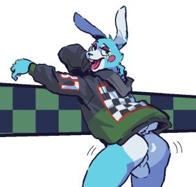 2022 abstract_background anthro ass backsack balls ballsack biped blue_body blue_fur bonnie_(fnaf) bottomless buckteeth clothed clothing digital_media_(artwork) five_nights_at_freddy's fur furvidd genitals green_eyes half-closed_eyes lagomorph leporid long_ears looking_at_viewer male mammal multicolored_body multicolored_fur narrowed_eyes open_mouth open_smile rabbit rear_view red_body red_fur scottgames simple_background smile solo teeth white_body white_fur