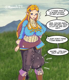 big_balls big_breasts big_penis blonde_female blonde_hair blue_eyes blush blushing_at_viewer bulge_through_clothing bulge_under_clothes cum_balloon dialogue elf elf_ears elf_female elf_futa elf_futanari futa_only futanari large_breasts large_penis long_hair long_hair_female long_hair_futa monado17 self_upload text text_bubble the_legend_of_zelda throbbing_balls throbbing_penis veiny_penis zelda_(breath_of_the_wild)
