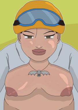 1girls bbw breasts female flashing flashing_breasts full_color googles no_bra no_sex open_clothes original original_character pov solo_female winter_clothes